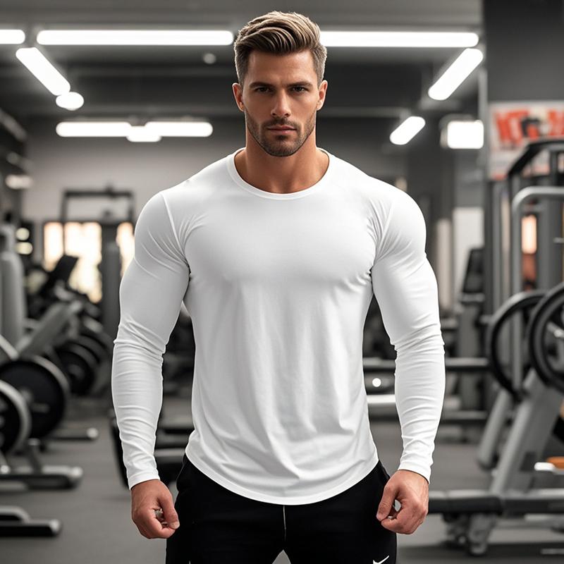 Muscleguys Mens Muscle Slim Fitted Running T-Shirts Autunm Cotton Long Sleeve Crewneck Gym Workout Plain Sports Fitness T Shirts