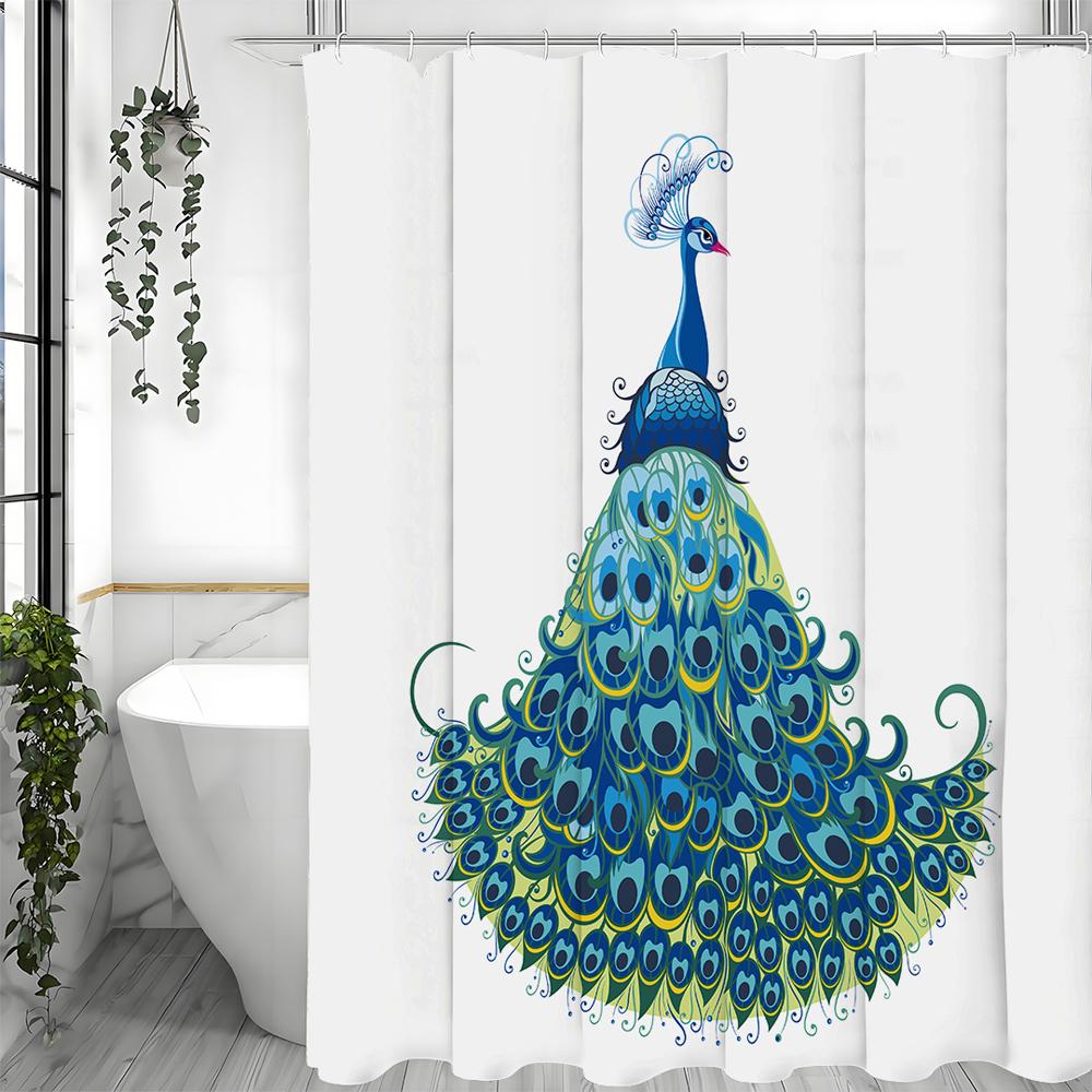 Blue Cartoon Peacock Shower Curtain, Bathroom Decorative Shower Curtain, Waterproof Shower Curtain with Hooks