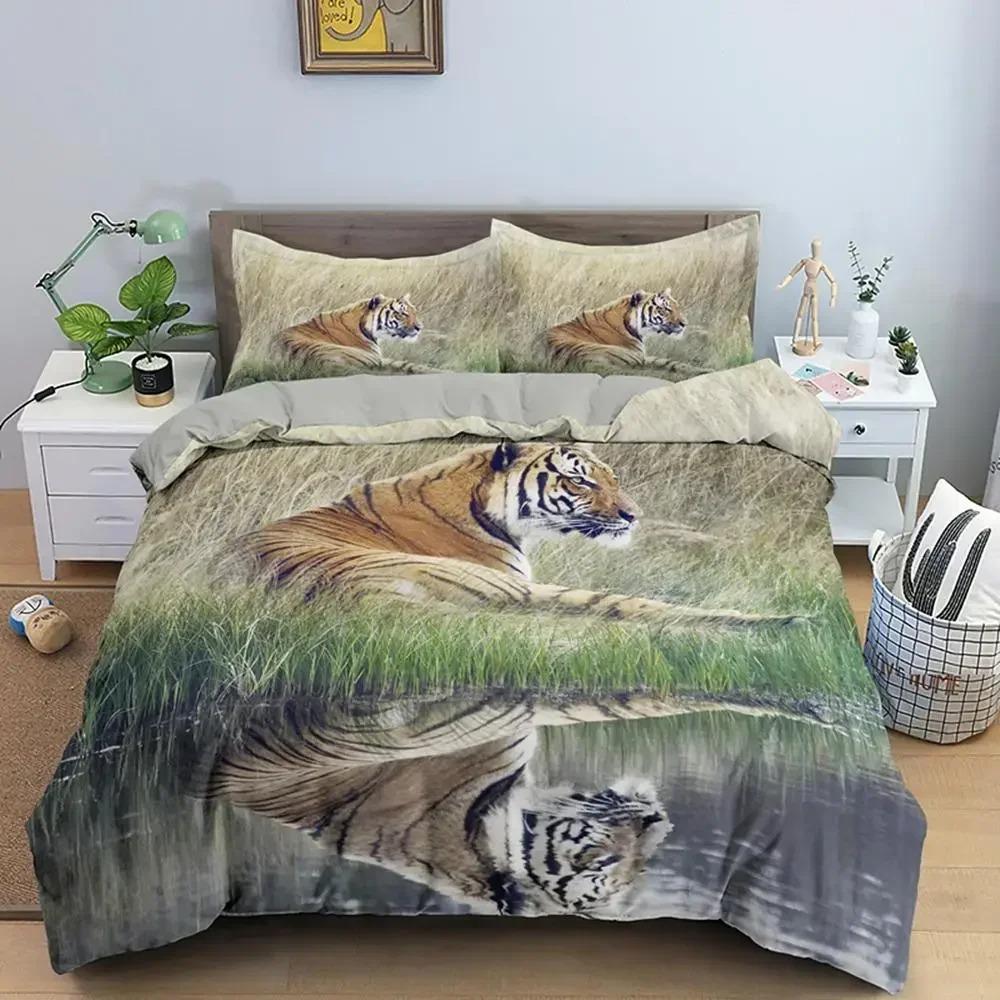 Tiger Duvet Cover Set King Size Wild Theme Bedding Set Animal Pattern Comforter Cover Animal Theme Sunset Polyester Quilt Cover
