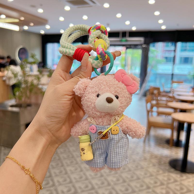Cute Plush Curly Bear Bag Charm With Bow Pendant Colorful Braided Rope Lovely Stuffed Doll Accessory For Girls Bag Charm