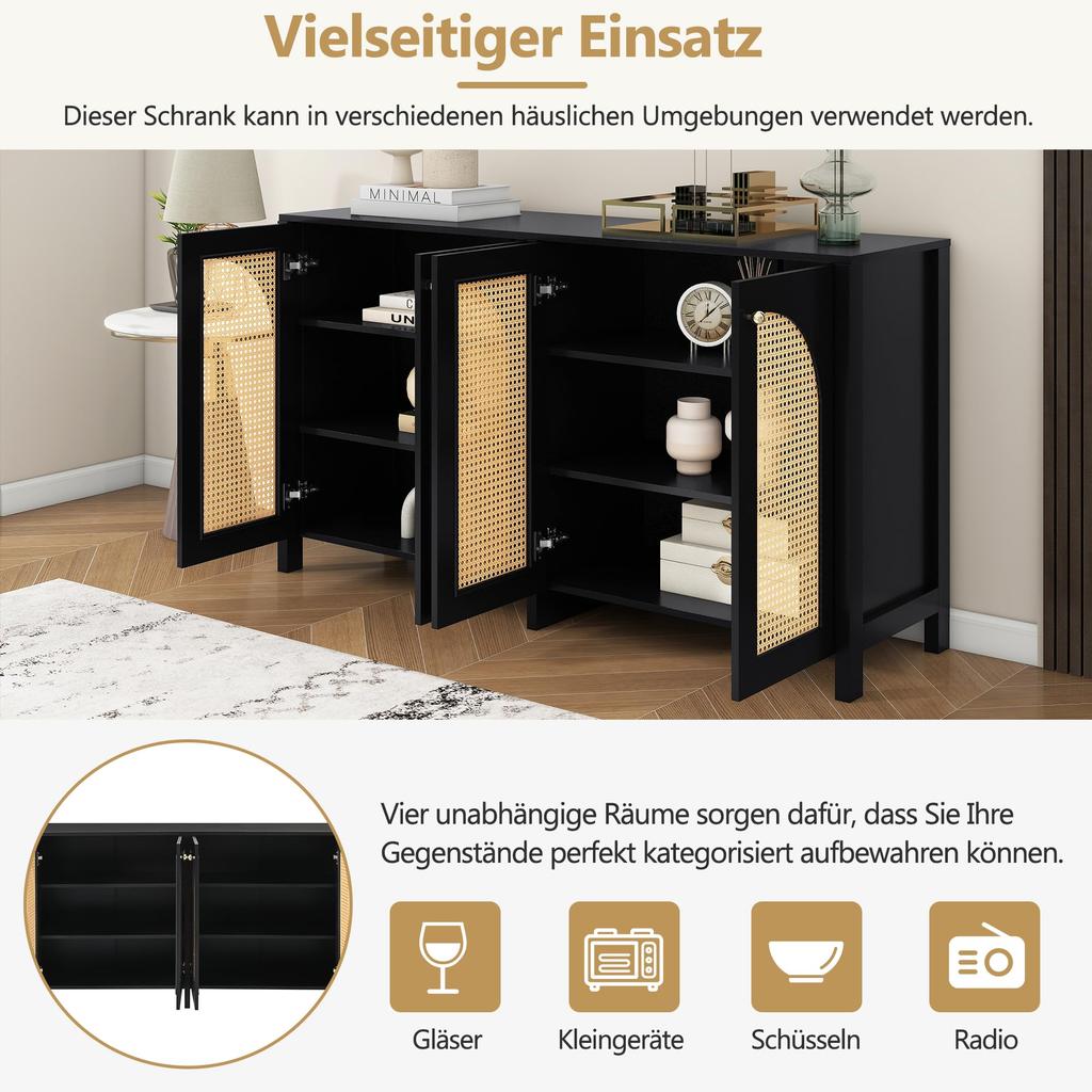 Sideboard with 4 Rattan Doors, Modern Buffet Cabinet Multipurpose Cabinet with Ample Storage Space, Adjustable Shelf, Side Cabinet for Living Room/dining Room