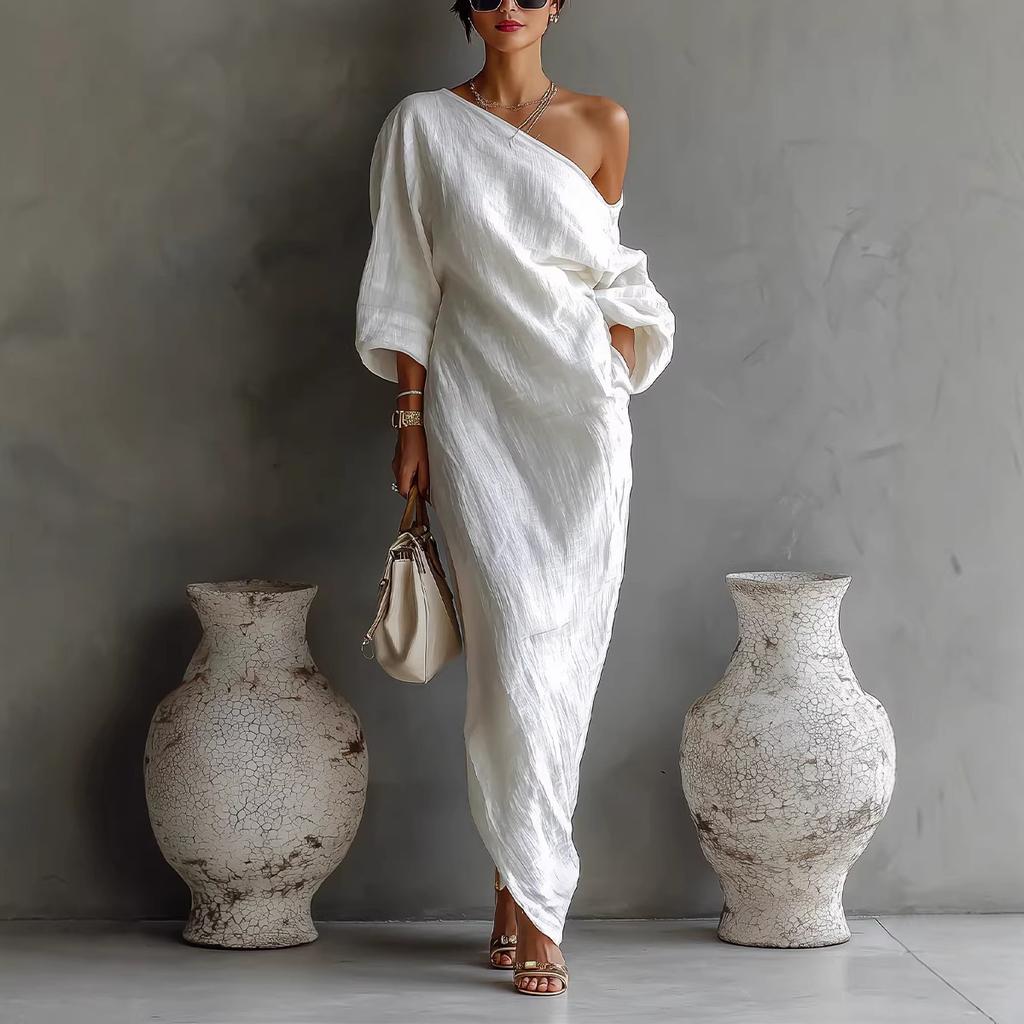 Europe, America spring and summer new fashion high-end women's clothing long-sleeved off-the-shoulder long dress mid-waist pullover dress