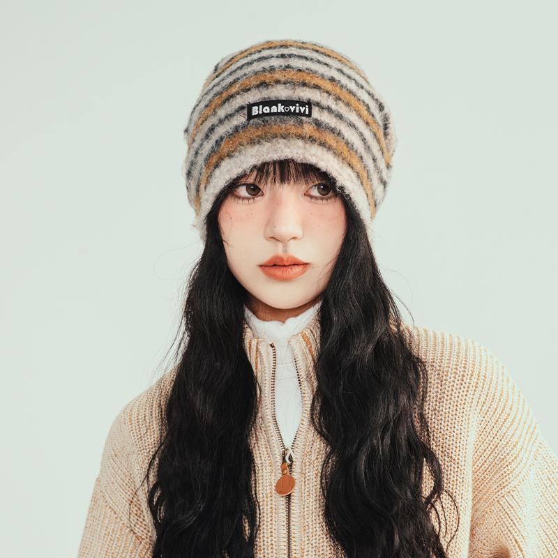 Retro Striped Plush Pile Hat Women's Autumn and Winter Warm Big Head Circumference Loose Cold Hat Showing Face Small Knitted Wool Hat