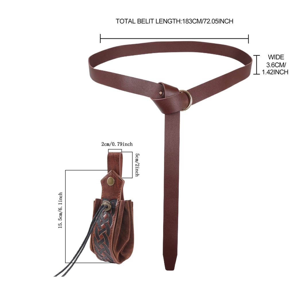 3PCS Medieval Cosplay Copper Coin Waist Bag Renaissance Vintage Leather Belt Halloween Role Playing Headwear Accessories Set