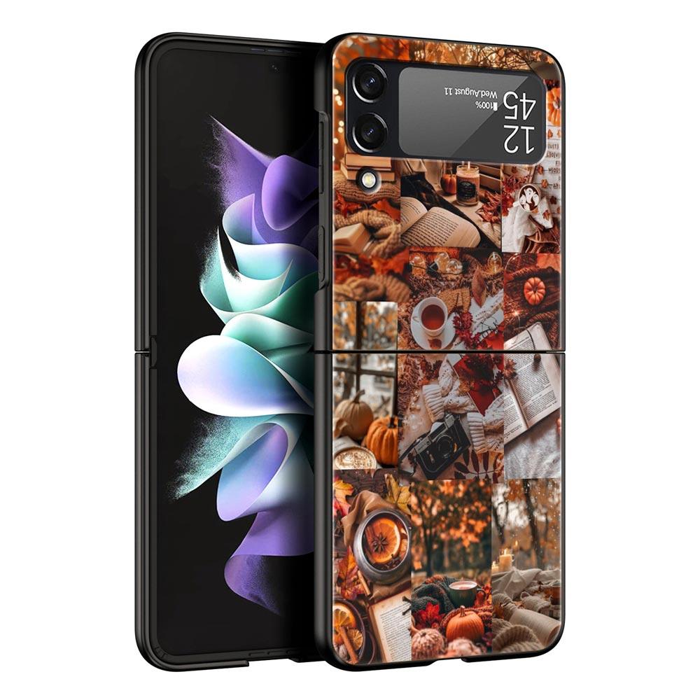 Pumpkin Autumn Leaves Coffee Hard PC Phone Case For Samsung Galaxy Z Flip 7 6 5 4 Black Cover For Galaxy Z Flip 3 Foldable Shell