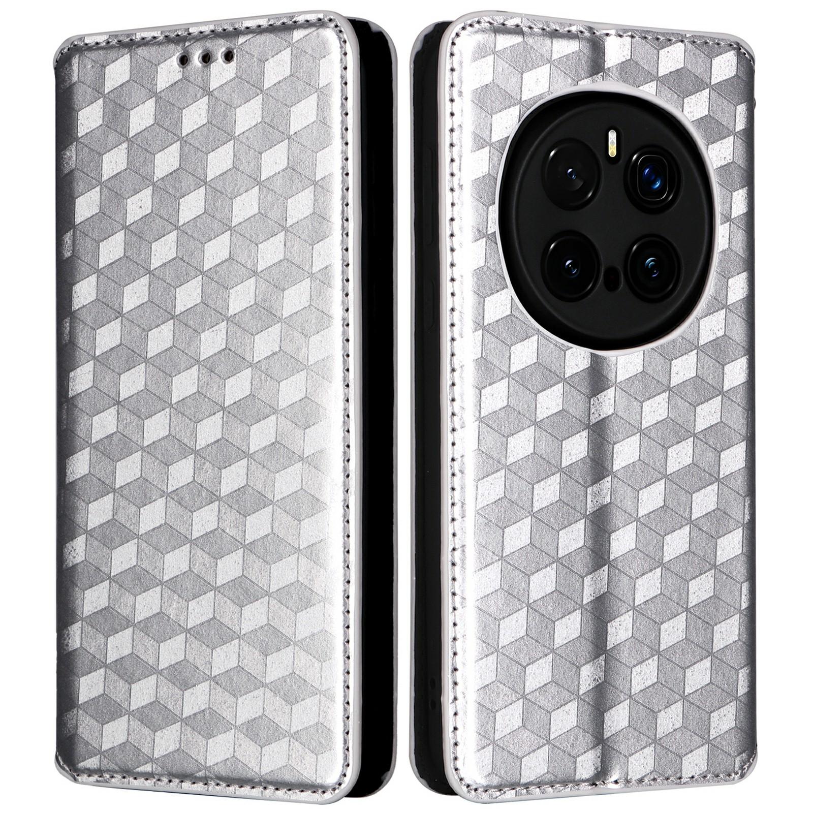 

Чехол-кошелек для Honor Magic7 Pro 5G из кожи с ромбовидным принтом Silver