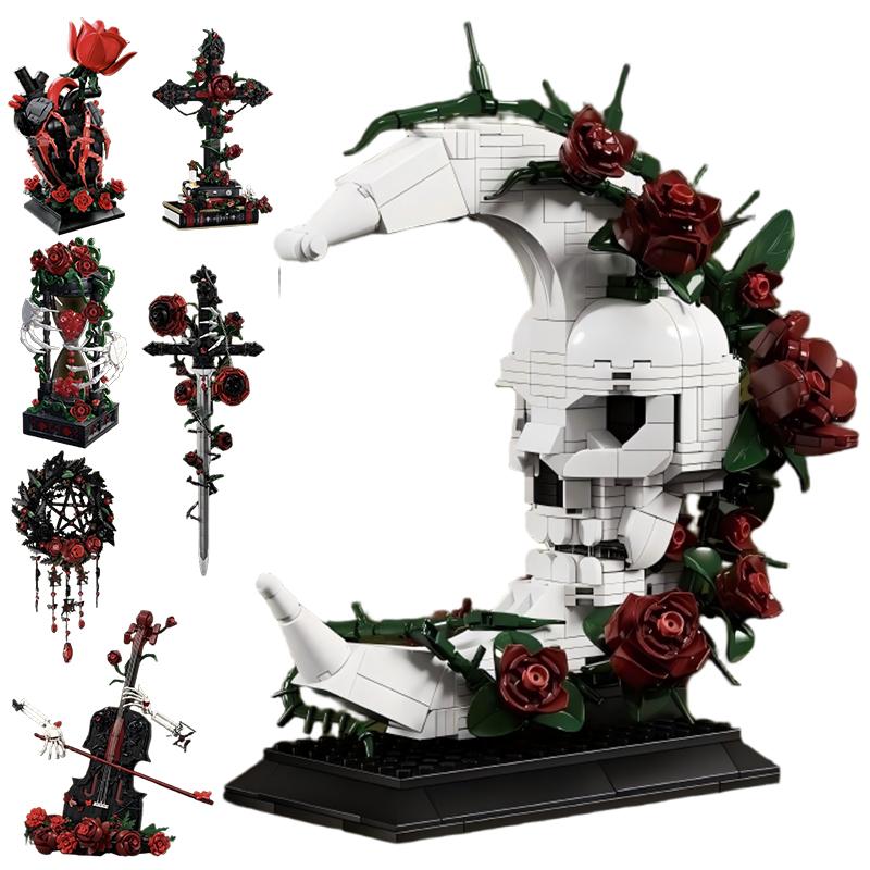 City Creative Horror Series Building Blocks MOC Rose Skull Moon Hourglass Cross Heart Model Assembly Bricks Adult Toys DIY Gift