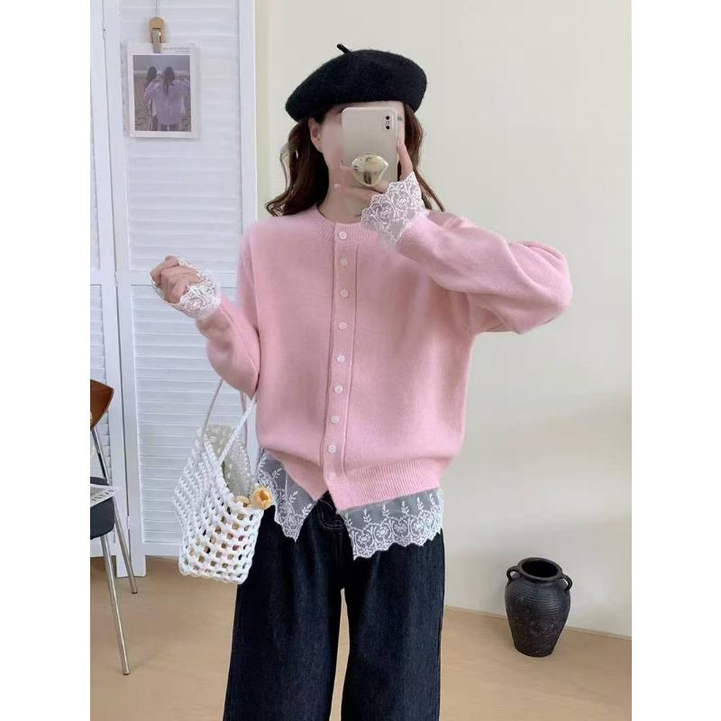 Autumn New Knitted Sweater Fashionable Versatile Splicing Lace Top Lace-up Design Cardigan Jacket Women