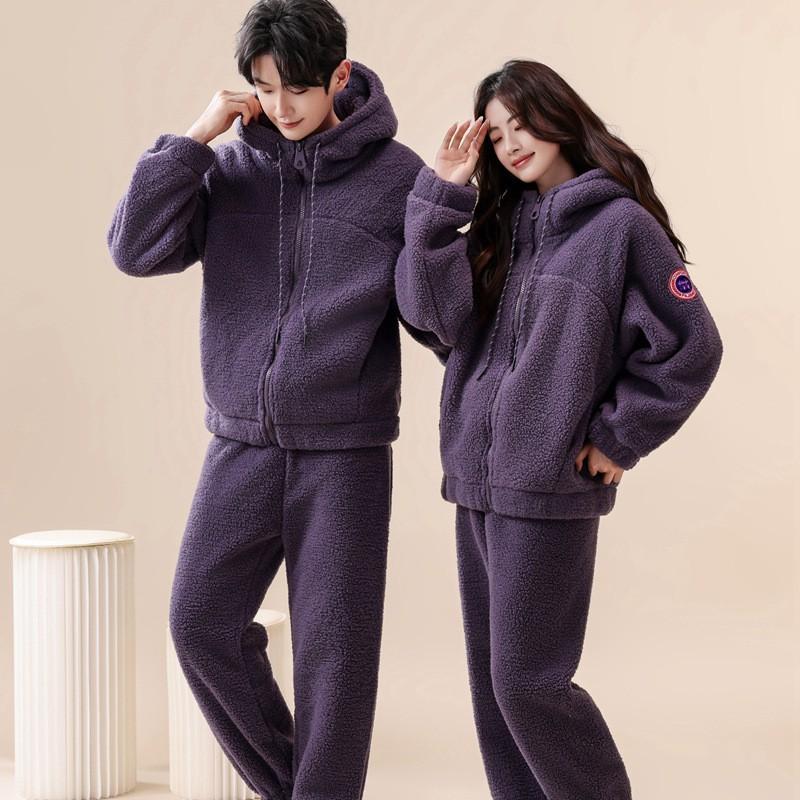 Coral Fleece Pajama Set Thick Double Layer Soft Loungewear Men Women Winter Homewear