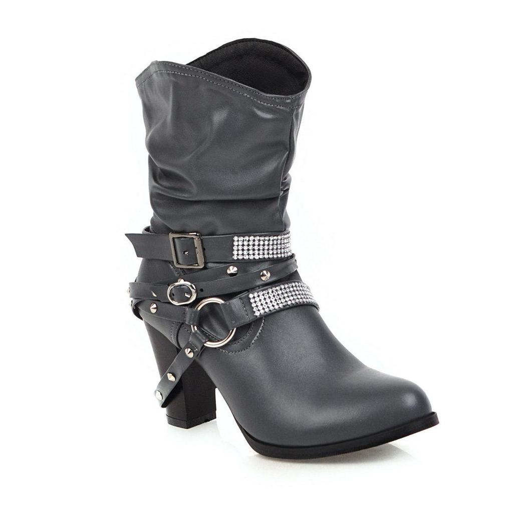 J/Winter New High Heel Thick Heel Round Toe Short Boots European and American Feng Shui Diamond Belt Decorative Women's Boots