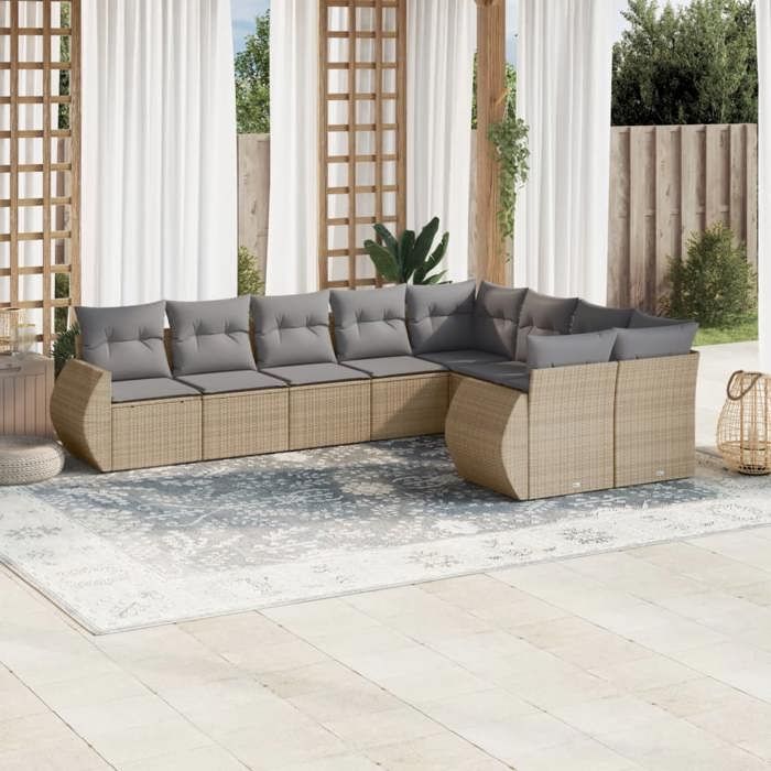 VidaXL Salon de Jardin avec Coussins 9 pcs, Canapés de Terrasse, Ensemble de Meubles de Patio, Mobilier d'Extérieur, Beige 3221838