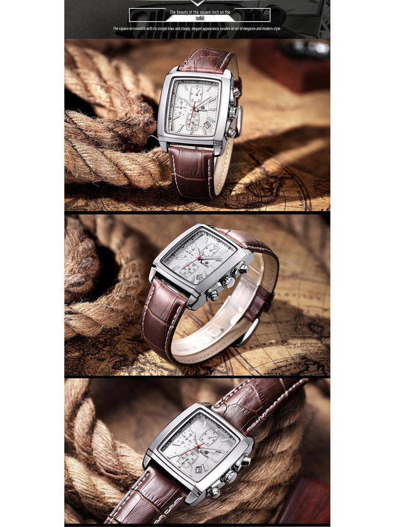 Megir 2028 Fashionable Retro Men's Chronograph Square Leather Watch