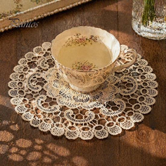 Lace Doilies for Table Decor Round Floral Doily, Embroidered Coaster Place Mat, Heat Insulating Decorative Mats Tea Cups Retro Teapot Vase Dining