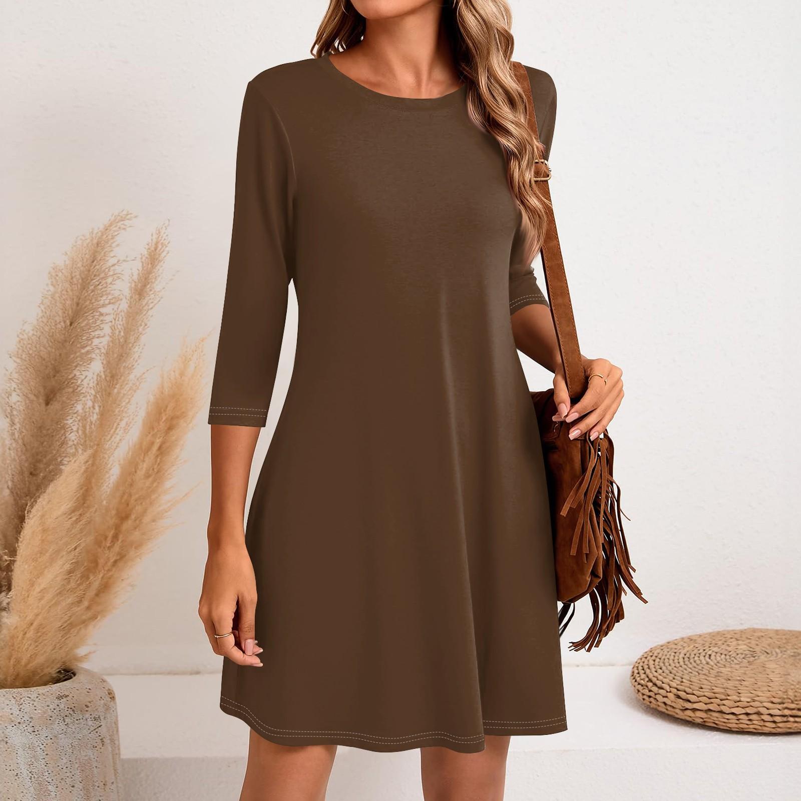 

Женское модное повседневное однотонное короткое платье с круглым вырезом и рукавом три четверти M