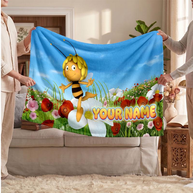 Bing Bunny Personalized Flannel Blanket, Custom Printed Text Name, Warm Soft Blanket For Couch Bed