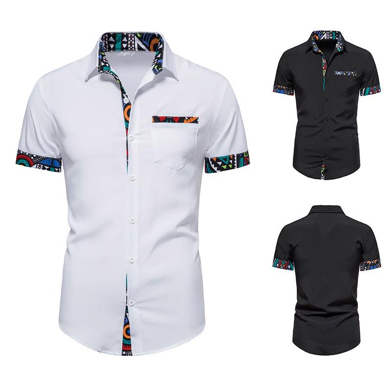 Summer Printed Men's Short Sleeved Shirt Splicing Design Short Sleeved Button Shirt