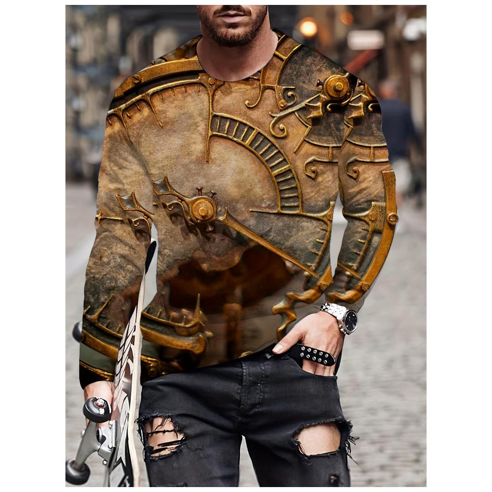 Camiseta de Manga Larga con Estampado 3D de Ancla y Brújula, Top de Primavera y Otoño para Hombre, Retro Street, Oversized, Cuello Redondo