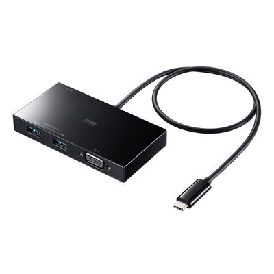 Sanwa Supply USB VGA 2 in 1 PD100W Integrierter Typ-C Hub, 3.2 Gen1, 5Gbps, 1080p, A-Typ Anschlüsse, Typ-C Anschluss, Durchleitung, Kabel, 50cm,