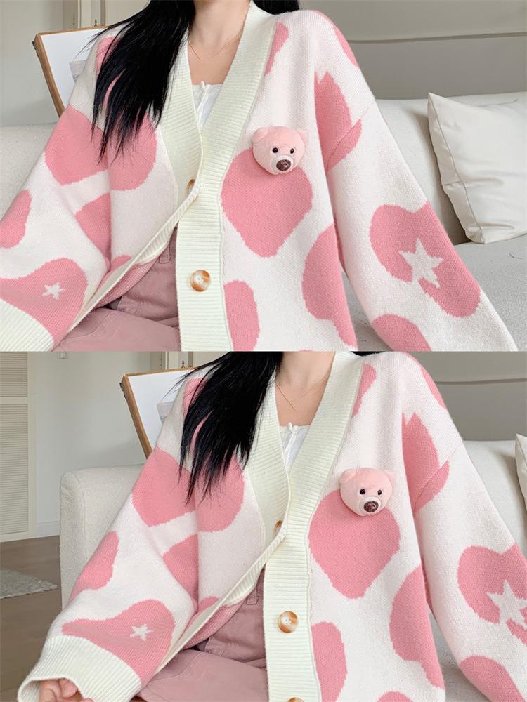 Women's Korean Style Bear Design Color Block Knit Cardigan - Soft, Loose, and Slimming for Autumn and Winter