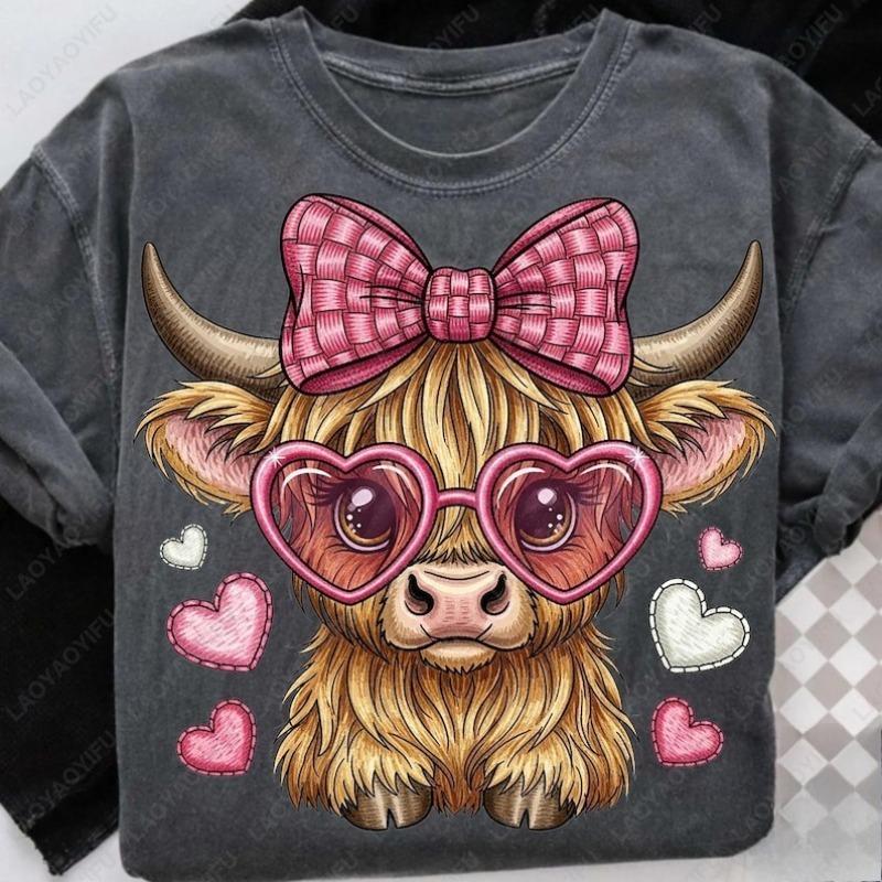

Highland Cow Heart Valentine Cotton Tshirts Imitation Knitting Printed Preppy Lovely Style Casual Cute Oneck Women Tops Kawaii S