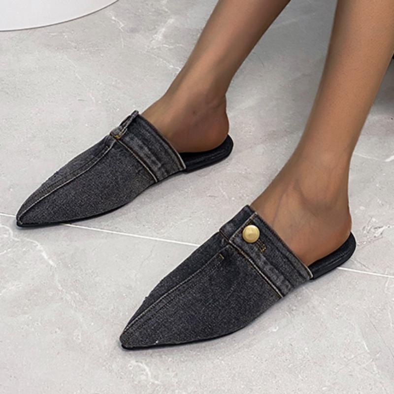 Pantoufles en Denim de Créateur Mode Été Pointues Luxe Bouton Métal Chaussures Plates pour Dames Sandales Décontractées d'Extérieur Plage