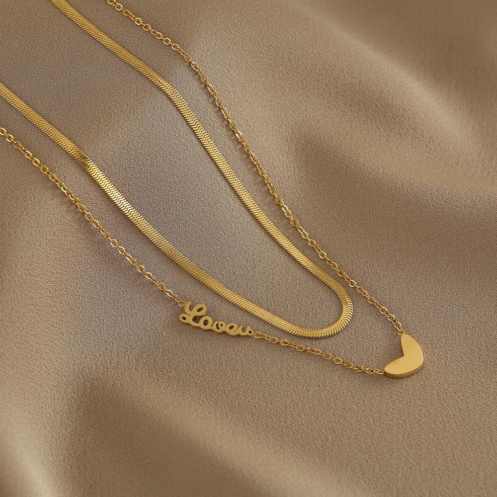 Stainless Steel Double Layer Love Necklace Women's Fashion Sense Collarbone Chain Necklace  Wholesale