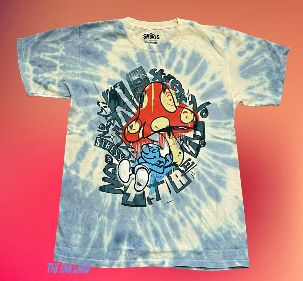 New The Smurfs Tye Die Lazy Smurf No Stress Mens Vintage Unisex T-Shirt S