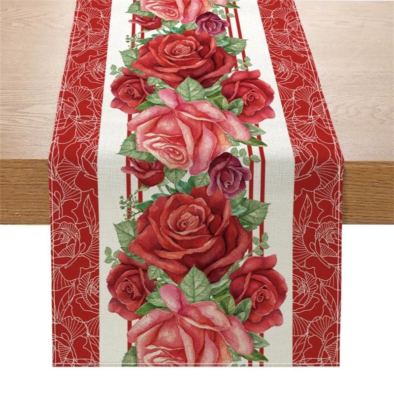 Valentines Day Linen Table Runner Wedding Decoration Heart Gnome Couple Table Runner Tablecloth for Dining Table Decor