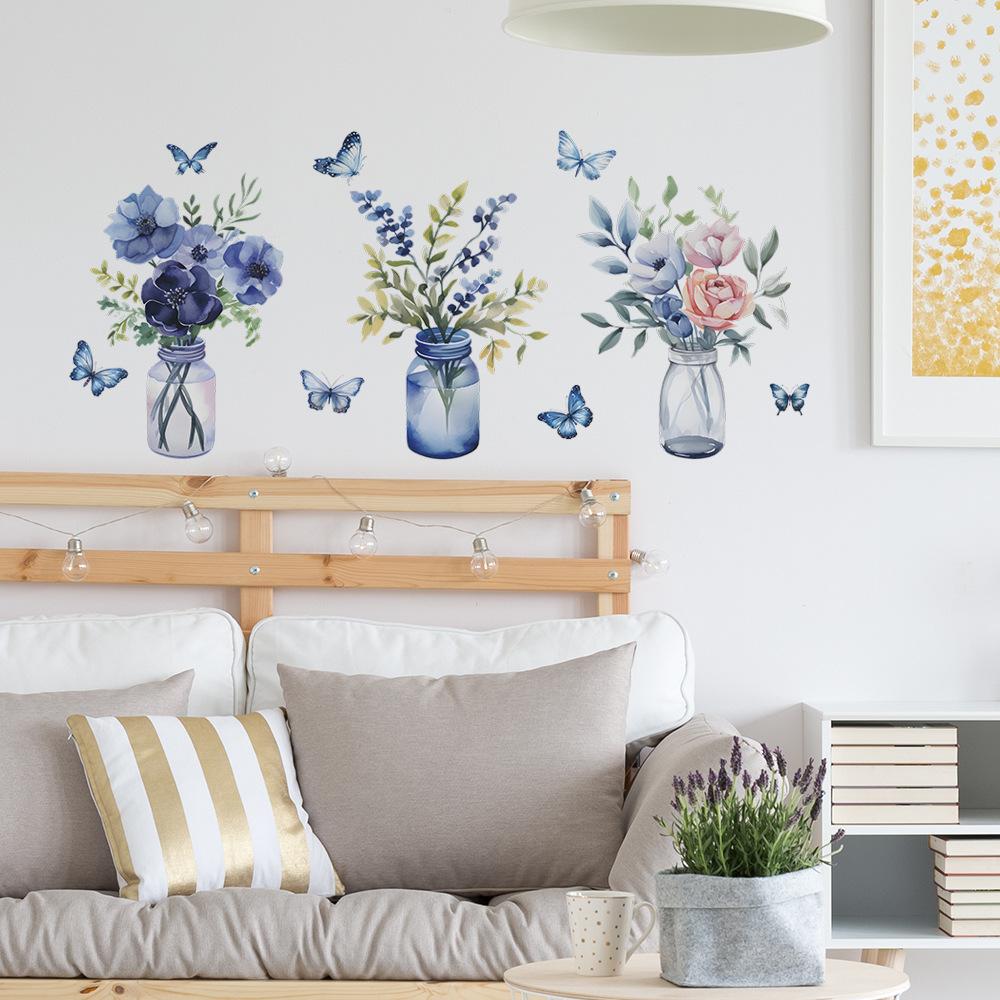 Romantic Purple Flowers Green Plant Vase Butterfly Bedroom Living Room Home Decoration Wall Stickers