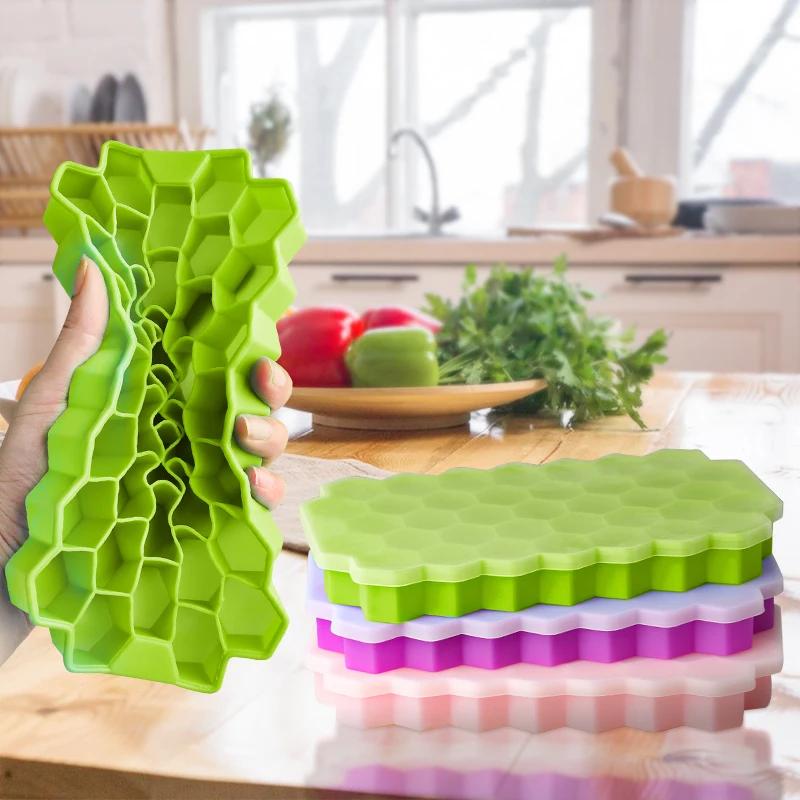 37 Cavity Honeycomb Ice Cube Trays Mold Reusable Silicone Ice Cube Mold BPA Free Ice Cream Maker with Lids DIY Popsicle Mold