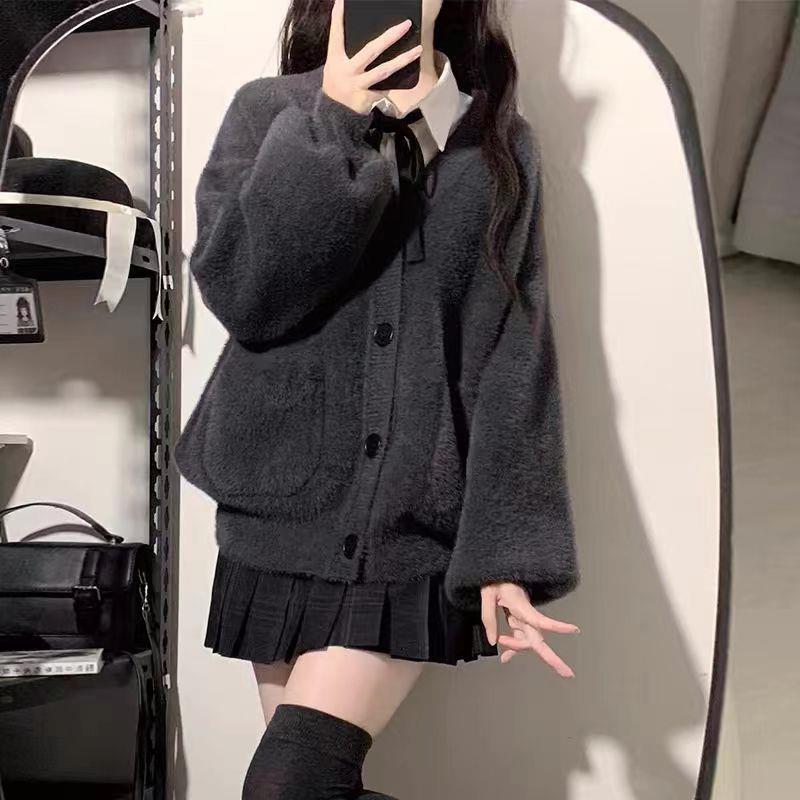 Preppy Fluffy Cardigan Sweater for Women - Autumn/Winter, Warm Long Sleeve Knitwear Outerwear.