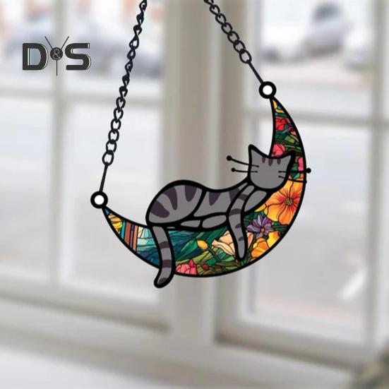 Cat Sleeping On Moon Hanging Decoration Living Room Wall Window Hanging Stained Glass Cartoon Kitten Suncatcher Colorful Acrylic Ornament Pendant