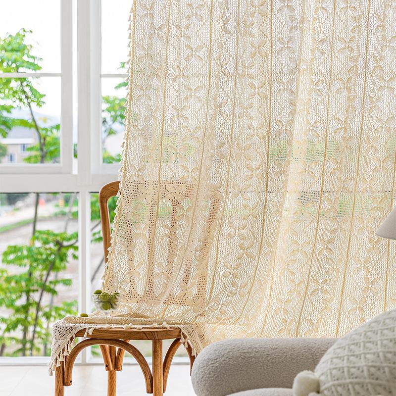Rustic Crochet Curtains for Living Room Farmhouse Knitted Cotton Curtain Panels for Home Decor Boho Hollow Lace Curtains 1 Panel