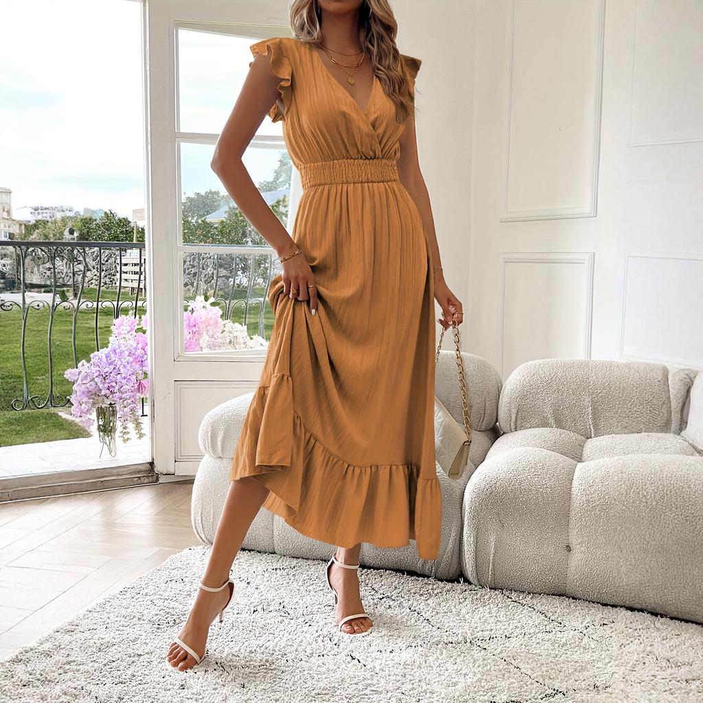 Women's Casual Fashion High-waisted V-neck A-line Dress With Ruffle Sleeves Ruffle Sleeves