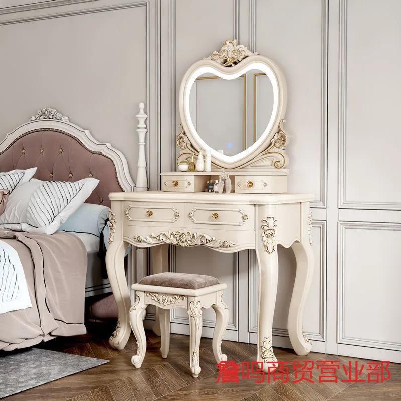 European Dressers Vanity Table Set with Mirror White Makeup Desk with Drawers & Stool - Small Wood Dressing Table for Bedroom