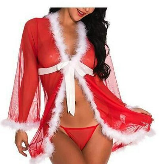 European Style Sexy Christmas Backless Lace-Trim Mesh Nightgown for Women