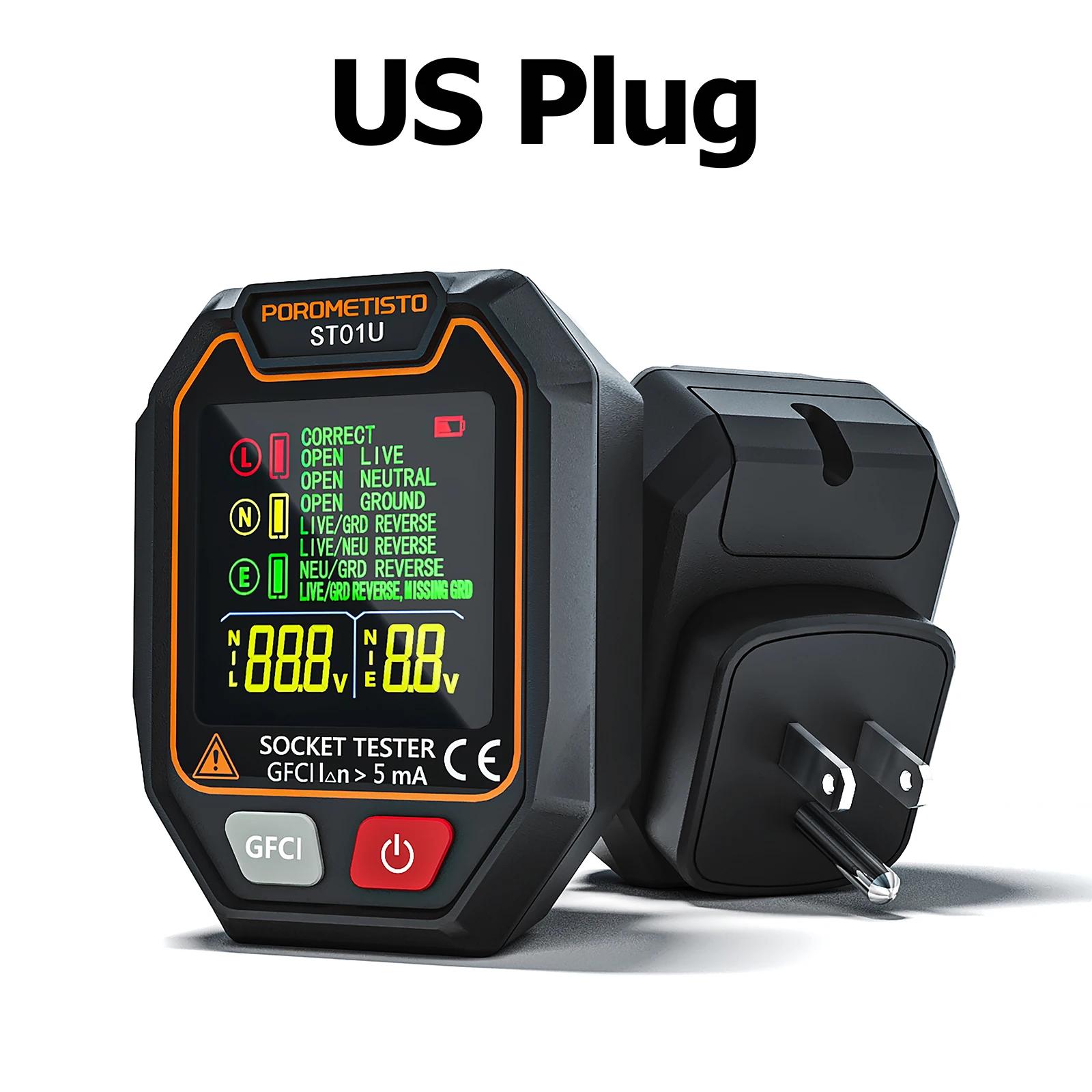 

POROMETISTO ST01 Тестер розеток-вилок Розумний детектор напруги Тест RCD/GFCI Перевірка полярності Перевірка фази Перевірка ланцюга з підсвічуванням