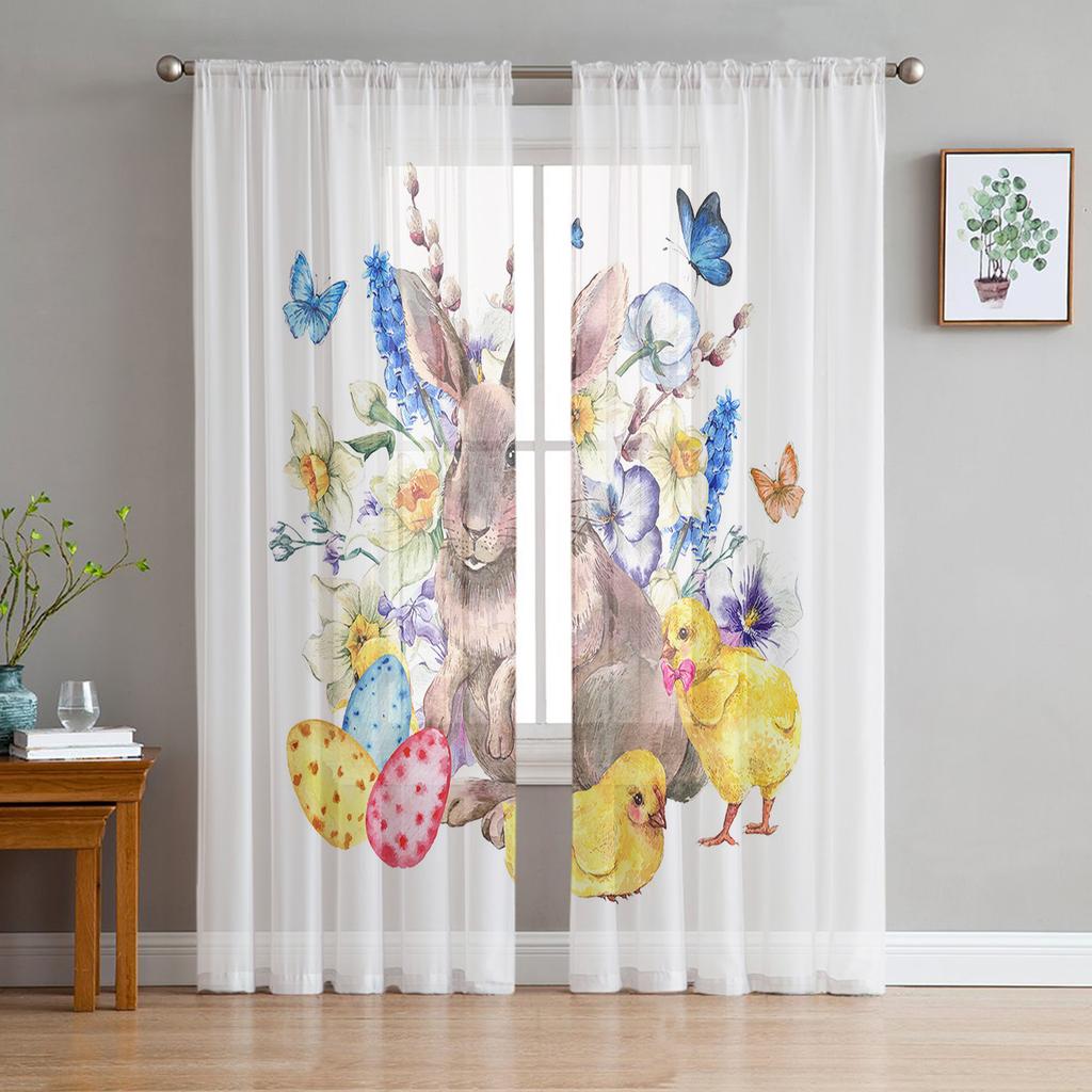 Easter Spring Colored Egg Bunny Sheer Tulle Window Curtains For Living Room Bedroom Kitchen Veiling Curtain Home Decoration