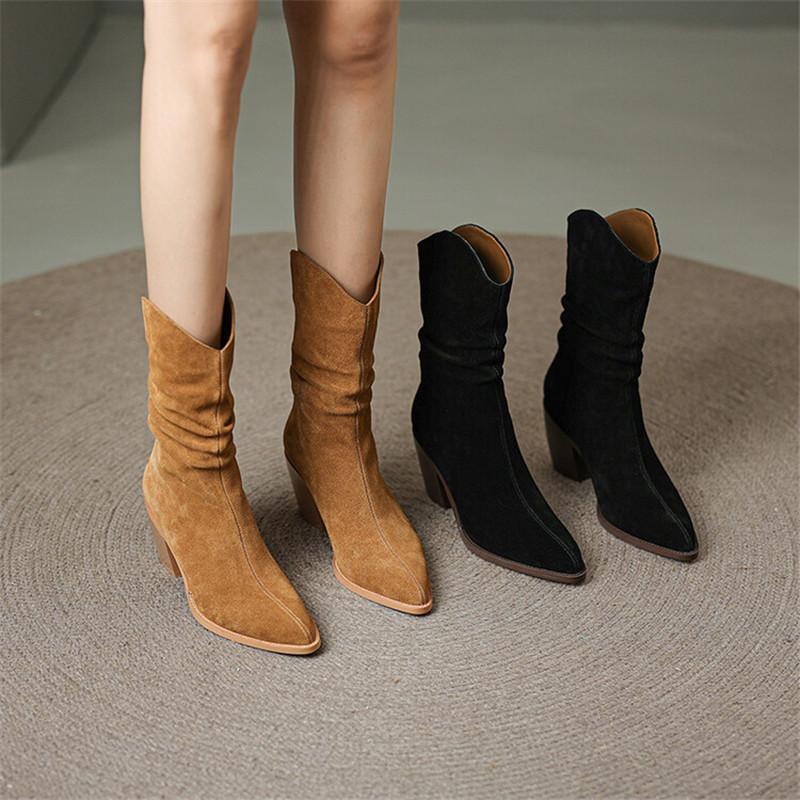 Fashion 2025 Autumn Cow Suede Women Boots Pointed Toe Chunky Heels Boots for Women Winter Boots Mid-calf Boots High Heels Zapatos Mujer