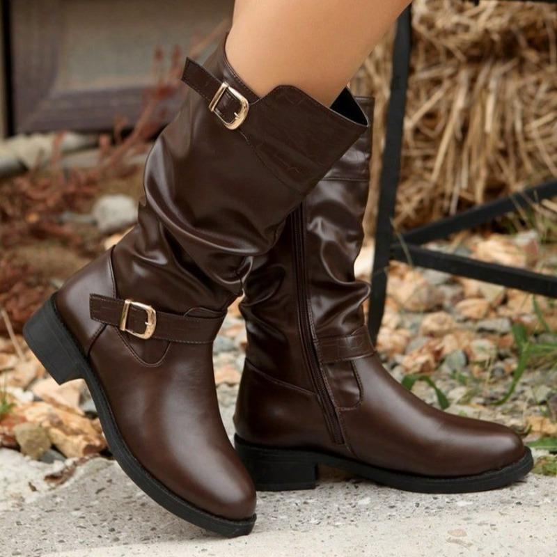 Fashion Black Chunky Heel Knight Boots Fashion and Versatile Soft Leather Mid-heel Mid-leg Boots