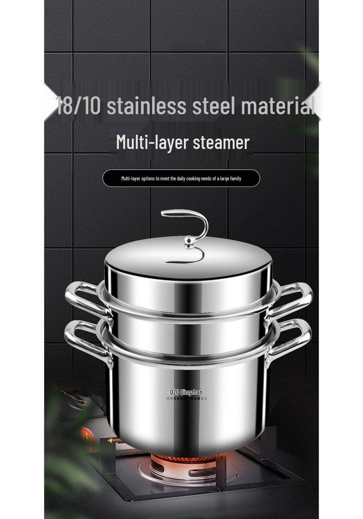 Stainless Steel 3-Layer Steamer Pot, Large Capacity Soup and Steam Cooker