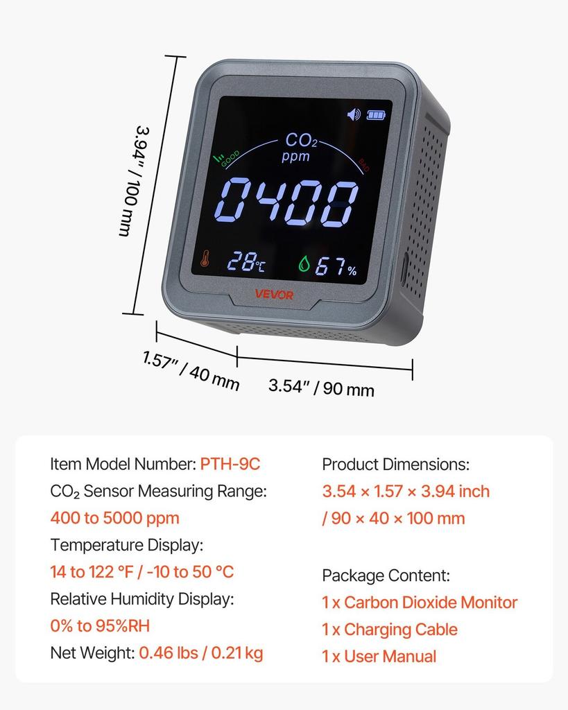 Carbon Dioxide Monitor, CO2 Controller with Temperature and Humidity Display, 4.57m NDIR Sensor Cable CO2 Sensor, Carbon Dioxide Detector for Bedside,