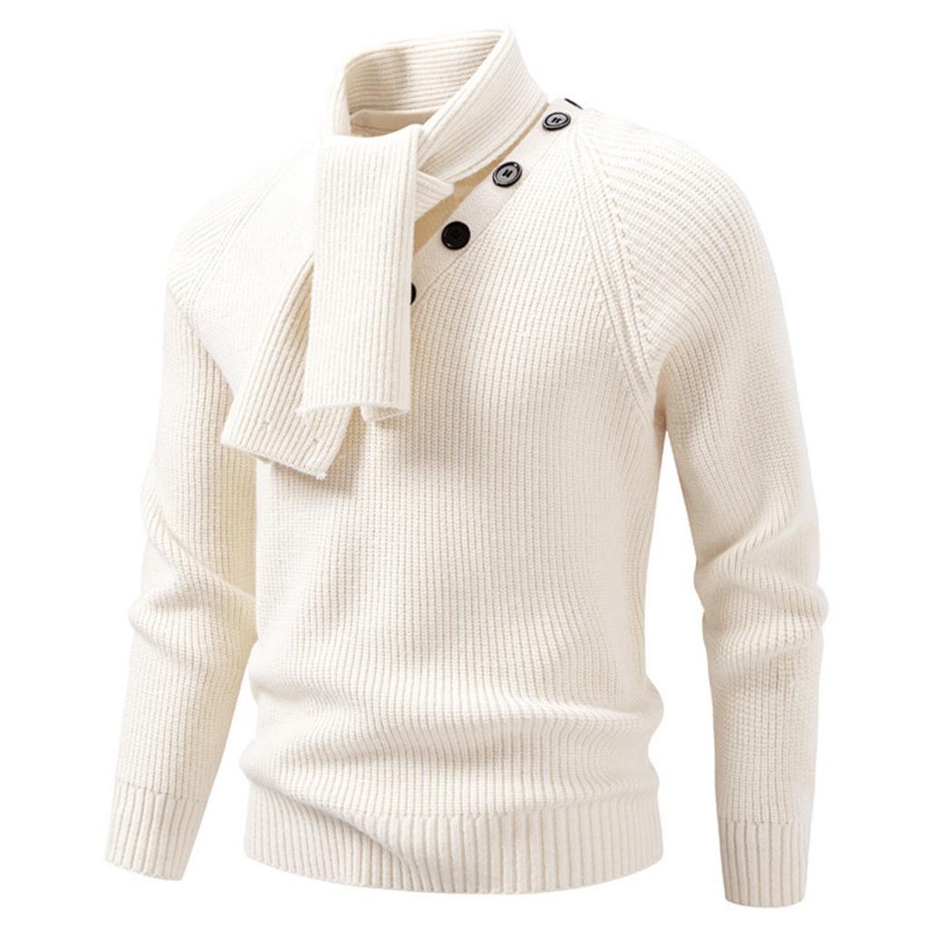 Men's Casual Solid-color Patchwork Style Long-sleeved High-neck Sweater, Men's Fitted Knitted Pullover, Scarf Collar Sweater