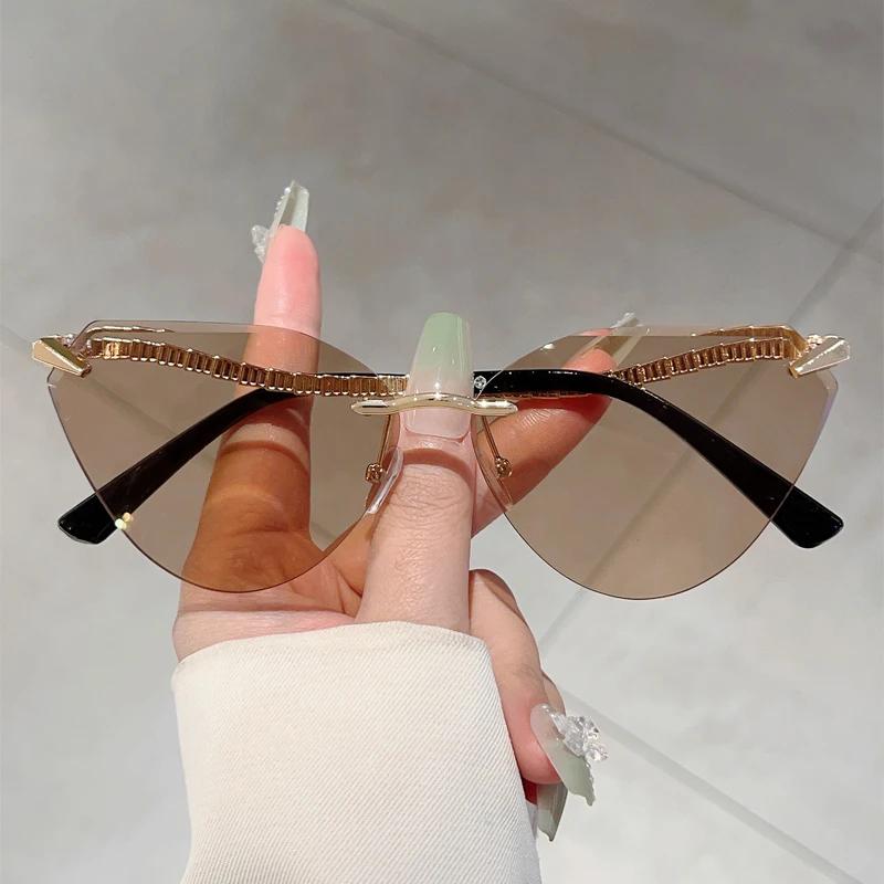 Rimless Cat Eye Sunglasses Women  New Stylish Vintage Gradient Casual Shades Trendy Luxury Brand Design Sun Glasses