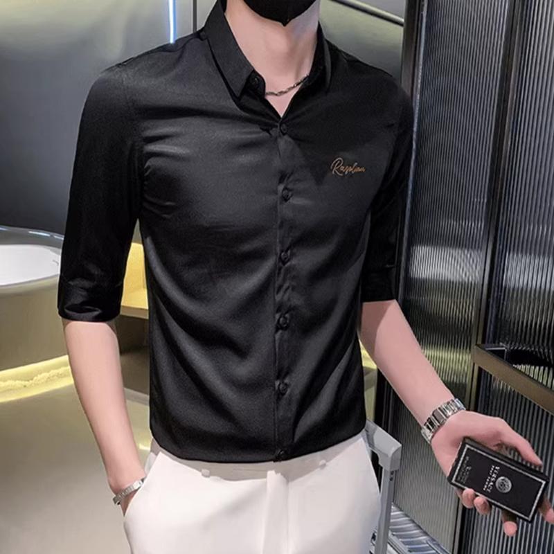 Summer Elastic Embroidered Thin Shirt for Men Slim Korean Style Youth 7-quarter Sleeve Casual Business Professional White Shirt