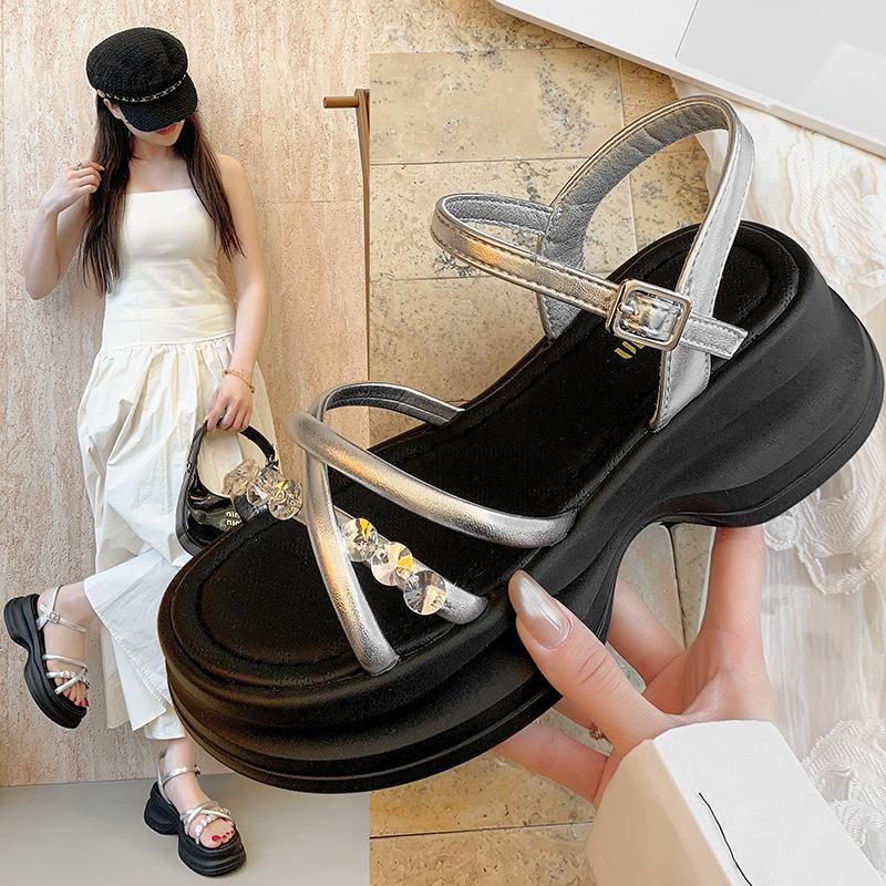 Fairy Style Fashion Cross with Open-toed Sandals Female Summer New Thick-soled Heightening French Style with Skirt Beach Shoes