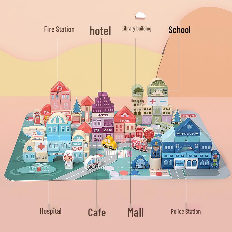 100-Piece Wooden City Street Building Blocks for Kids, Ages 1-3