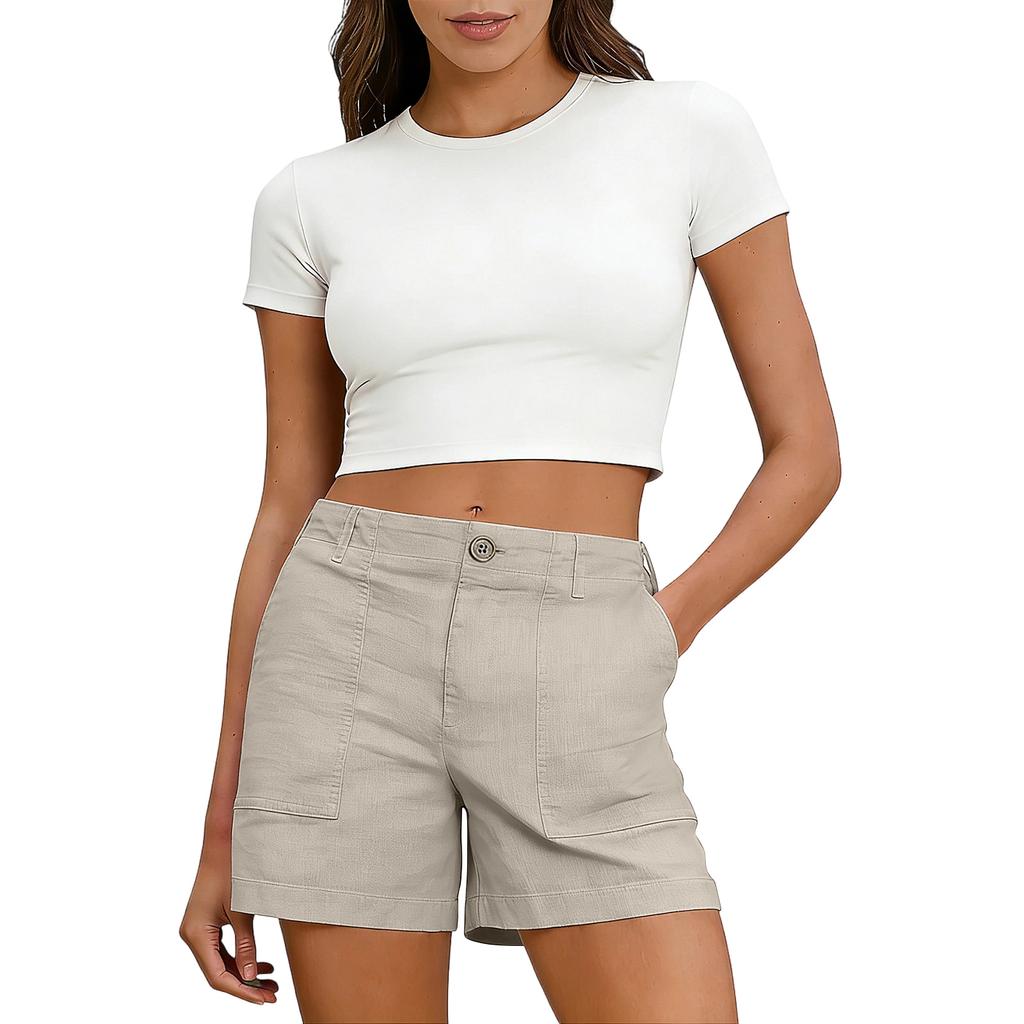 Women's Soft Cotton Linen Shorts Pockets Soft  Button Closure No Zipper Slim Fit Shorts