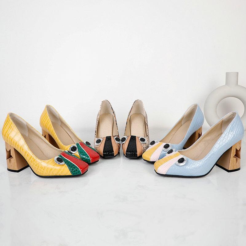 

Повседневные женские туфли на толстом каблуке с квадратной головкой и неглубоким ртом из змеиной кожи, цветной блочный каблук, на очень высоком каблуке
