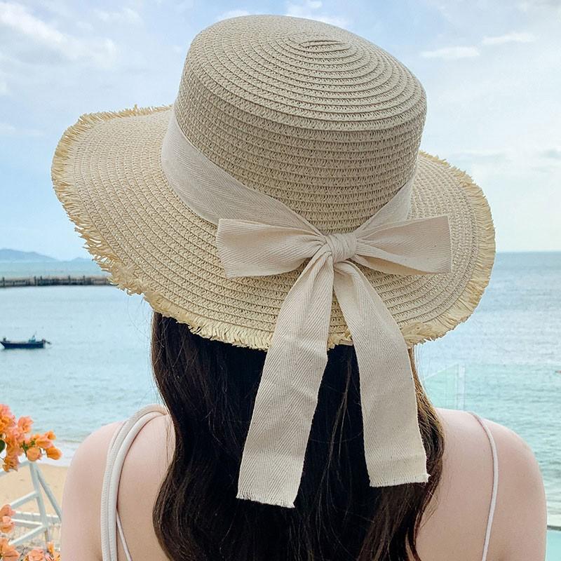 Fiocco Coreano Cappello di Paglia da Donna Estivo Protezione Solare Cappello da Pescatore a Tesa Larga Dama Ragazza Spiaggia Viaggio Visiere Parasole Cappelli Panama